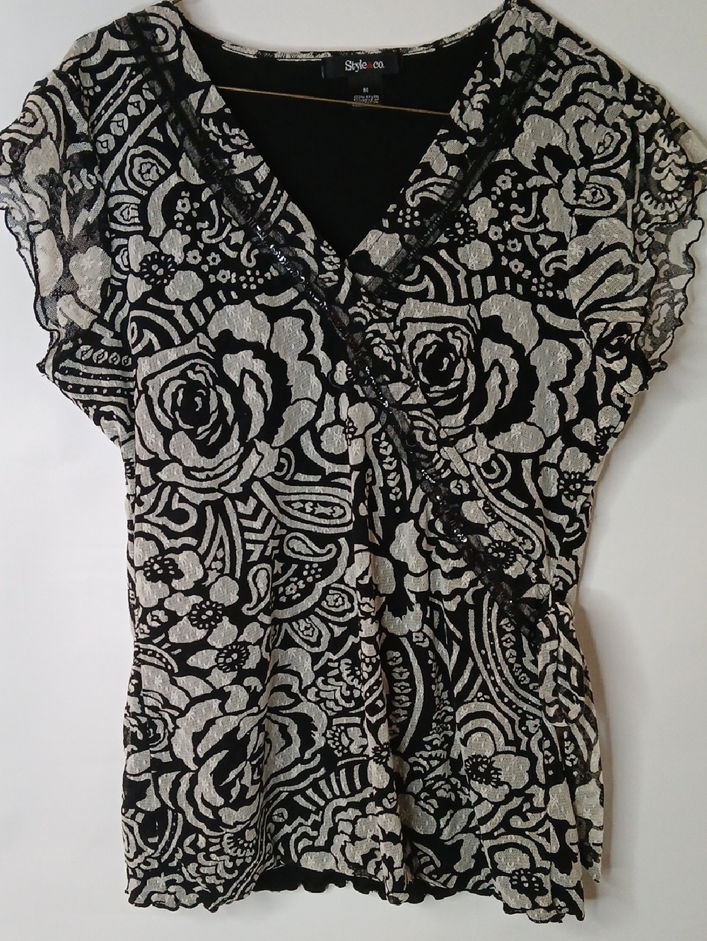 Style & Co. Black and Silver Floral Lace Overlay Blouse